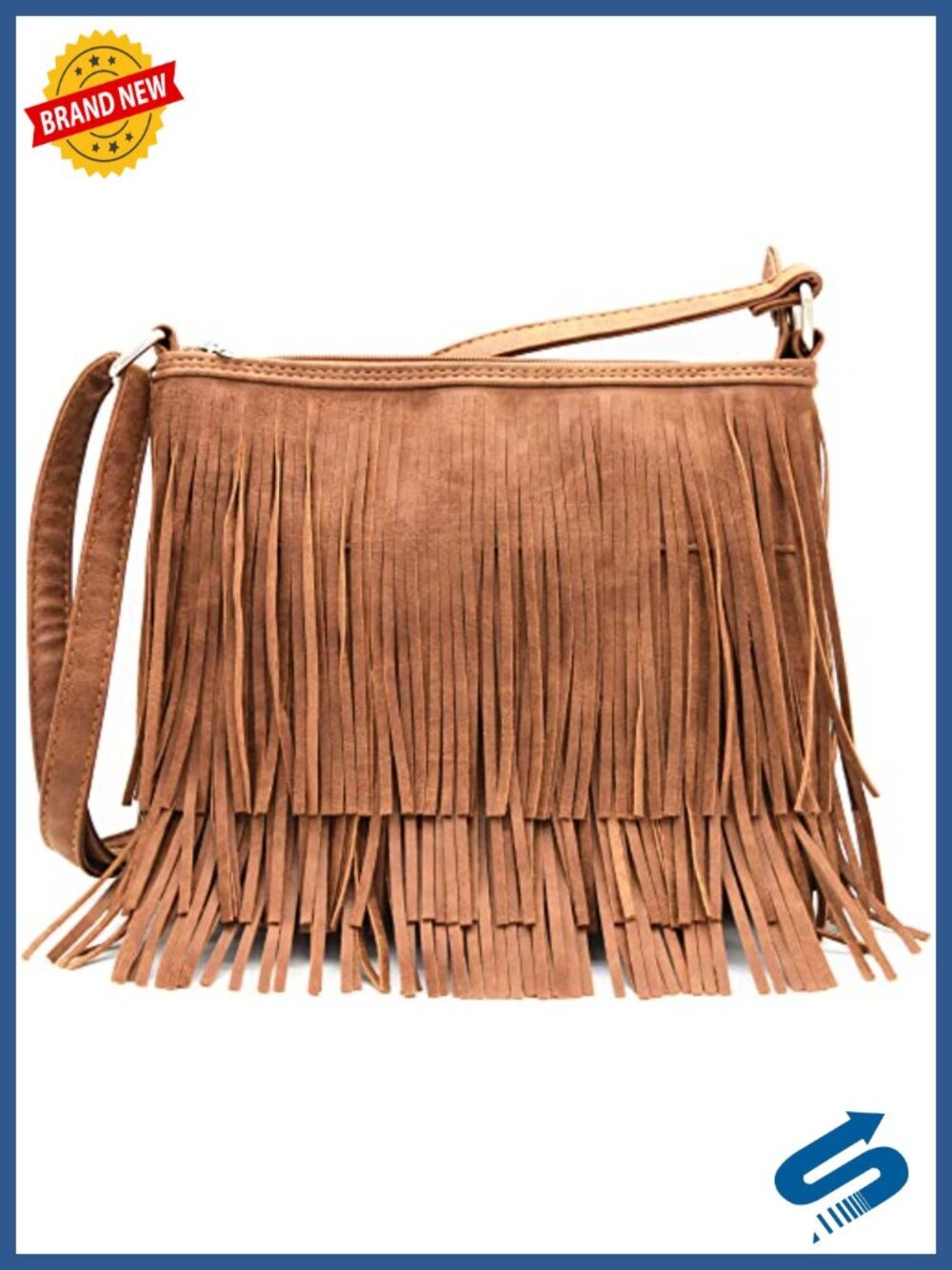 Vegan Leather Fringe Crossbody Handbag with Adjustable Strap, Zip Top